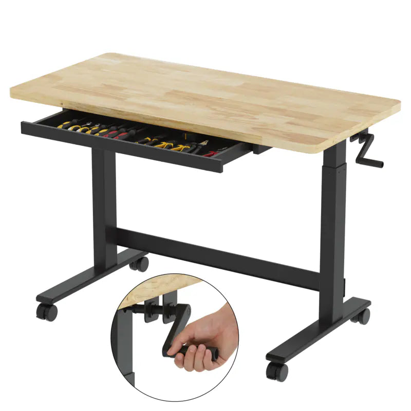 Fleximounts Adjustable Height Heavy-Duty Workbench with Hand Crank, Drawer,360° Wheels & Rubber Wood Top