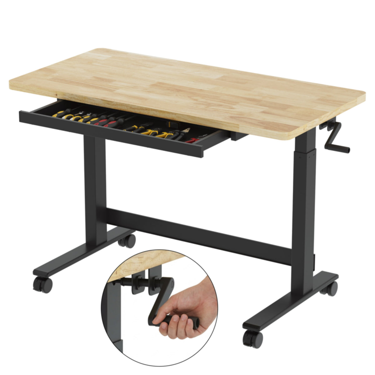 Fleximounts Adjustable Height Heavy-Duty Workbench with Hand Crank, Drawer,360° Wheels & Rubber Wood Top