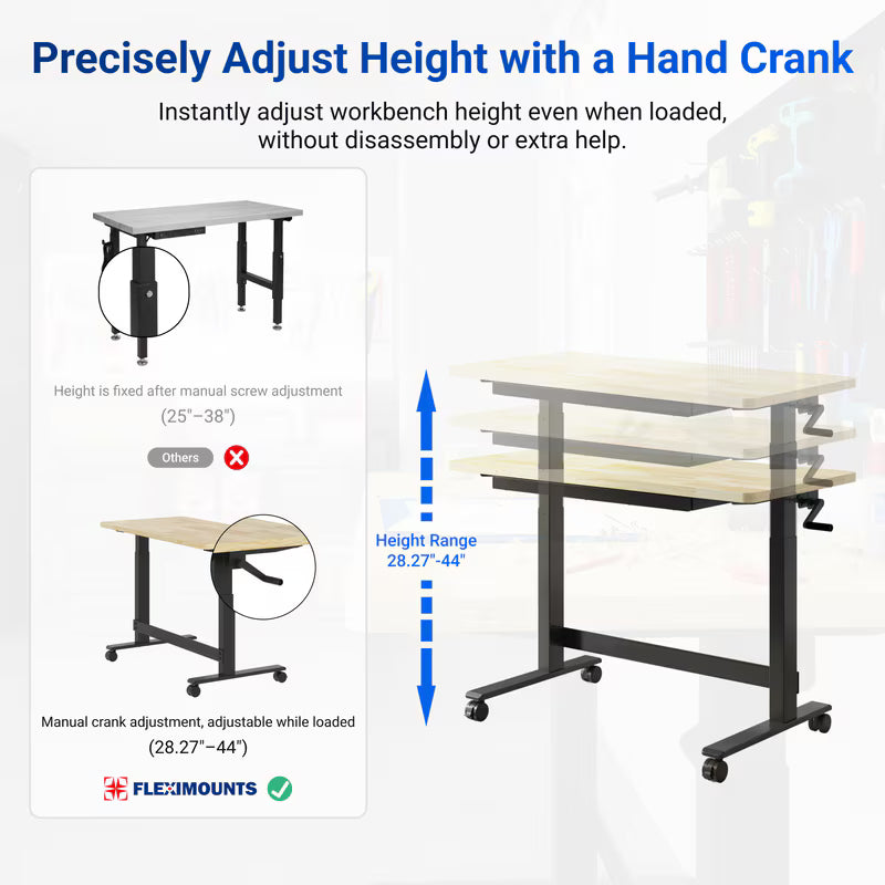 Fleximounts Adjustable Height Heavy-Duty Workbench with Hand Crank, Drawer,360° Wheels & Rubber Wood Top