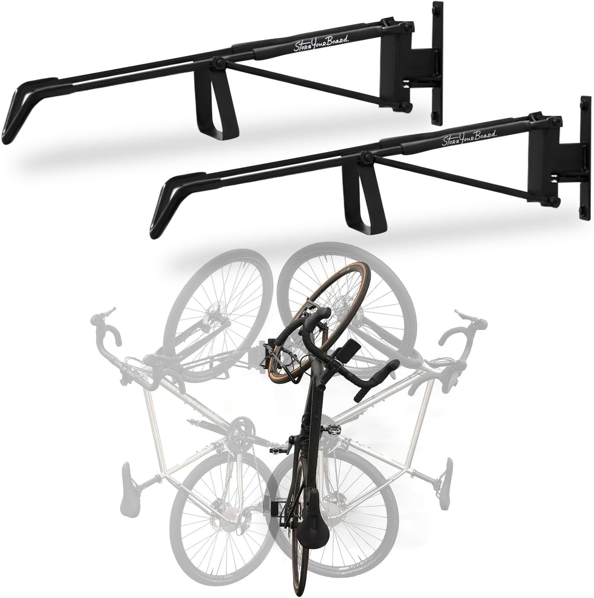 StoreYourBoard SwivelStow Road & Gravel Bike Storage 2 Pack – Heavy Duty Bike Hanger, No-Lift Bike Wall Mount for Garage Bike Storage, Holds 70 lbs, Patent-Pending