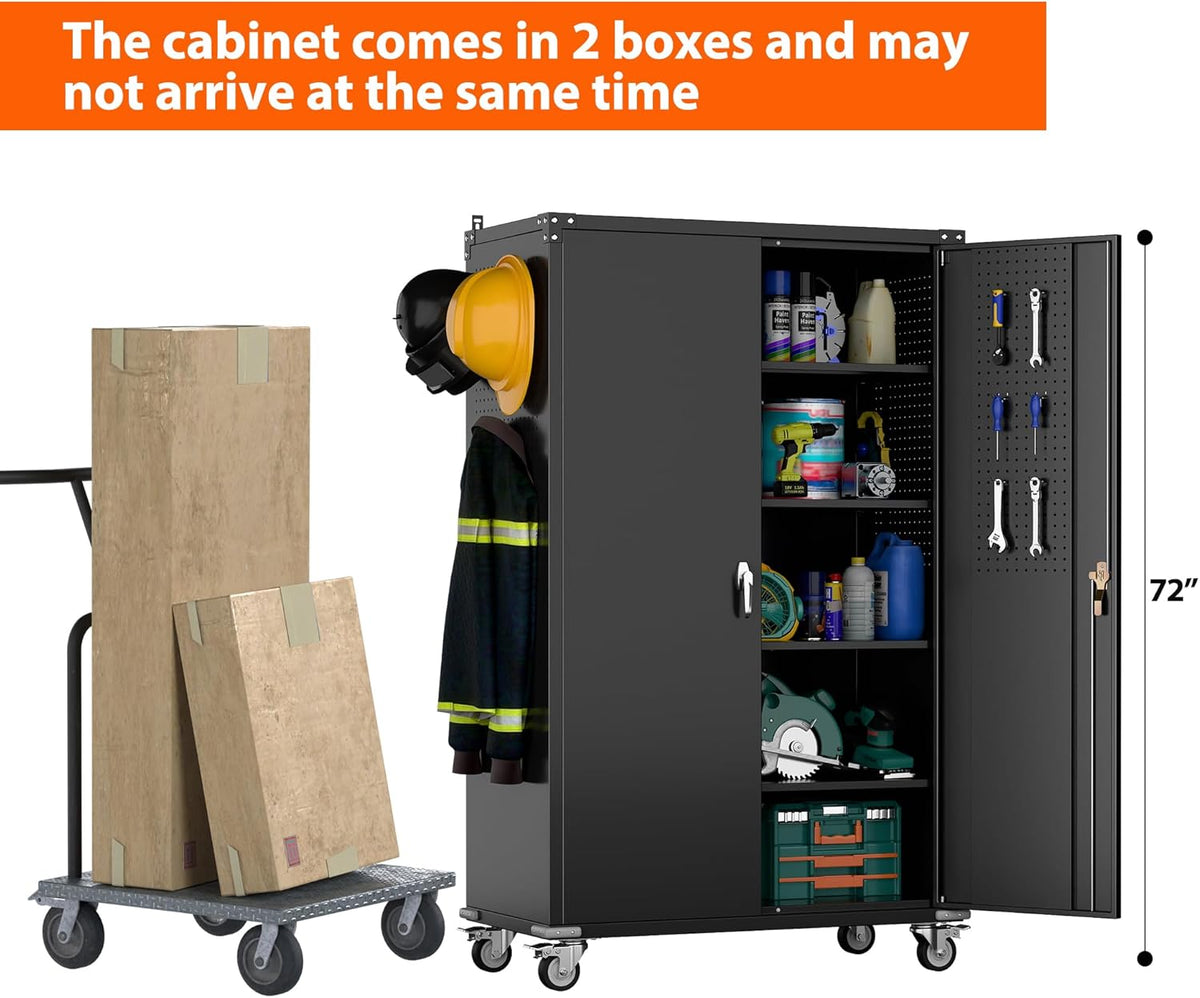 72" H Wide and Deep Garage Storage Cabinet with Wheels & Pegboard, Large Locking Metal Storage Cabinet with 2 Doors and 4 Adjustable Shelves for Garage, Home, Assembly Required, Black
