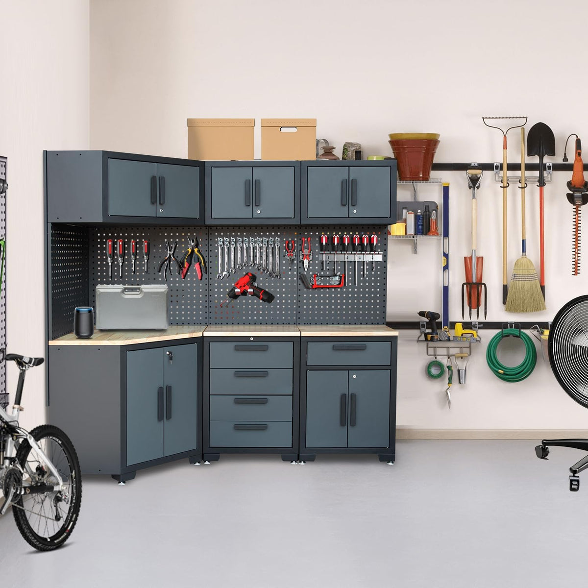 Garage Storage Cabinet System - 8-Piece Set with Corner Cabinet, Drawers, Workbench, Pegboard for Tool Organization - Black and Grey