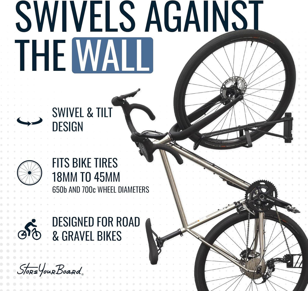 StoreYourBoard SwivelStow Road & Gravel Bike Storage Rack 4 Pack – Heavy Duty Bike Hanger, No-Lift Bike Wall Mount for Garage Bike Storage, Holds 70 lbs, Patent-Pending