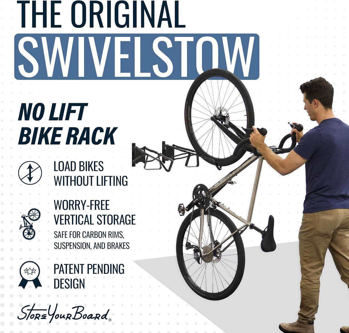 StoreYourBoard SwivelStow Road & Gravel Bike Storage 2 Pack – Heavy Duty Bike Hanger, No-Lift Bike Wall Mount for Garage Bike Storage, Holds 70 lbs, Patent-Pending