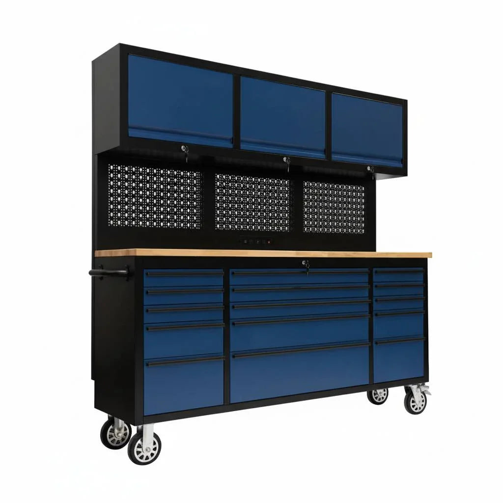 72 inch Rolling Tool Chest with Power Strip, Workbench, Upper Cabinets & Pegboard