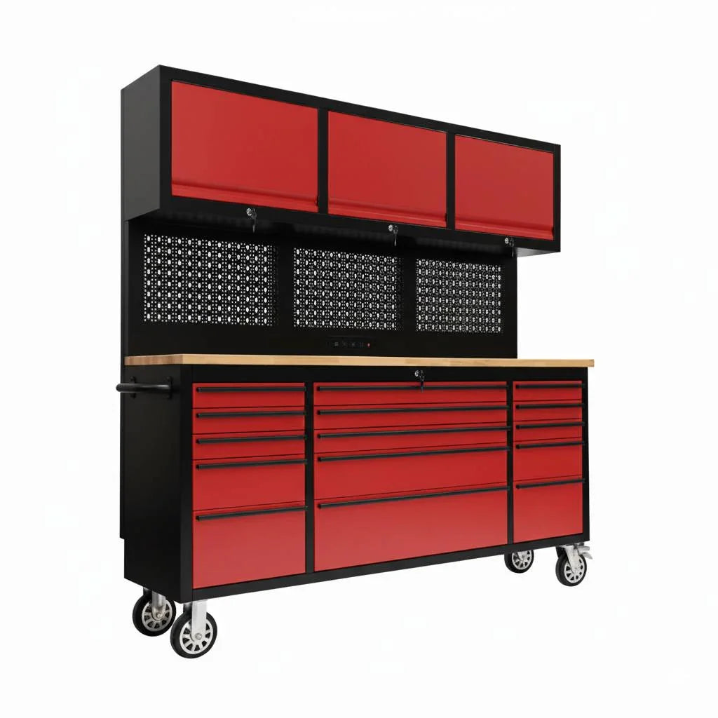 72 inch Rolling Tool Chest with Power Strip, Workbench, Upper Cabinets & Pegboard