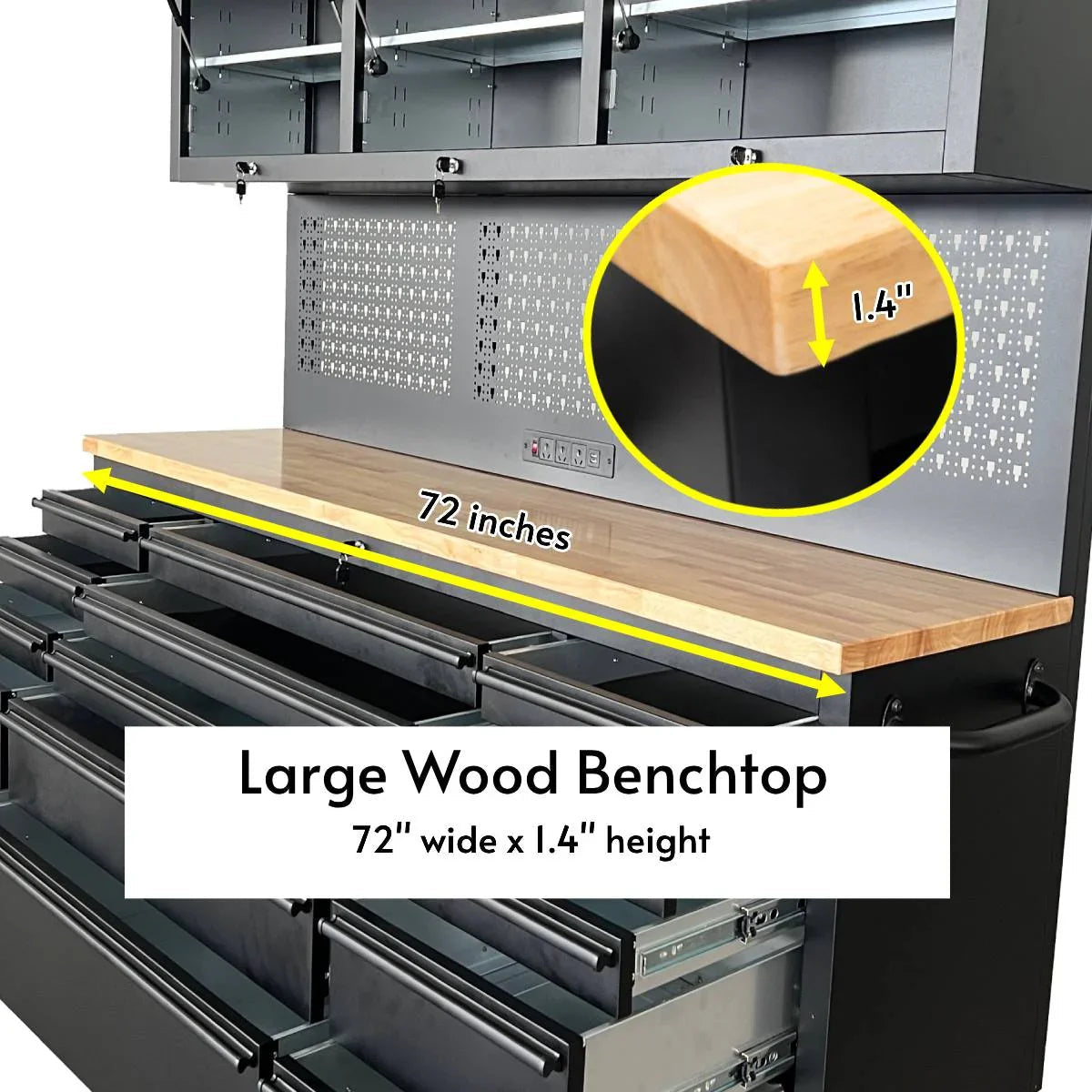 72 inch Rolling Tool Chest with Power Strip, Workbench, Upper Cabinets & Pegboard