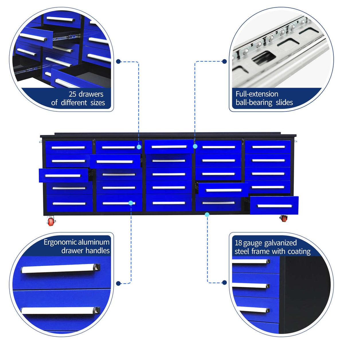 10ft 25-Drawer Storage Workbench with Wheels
