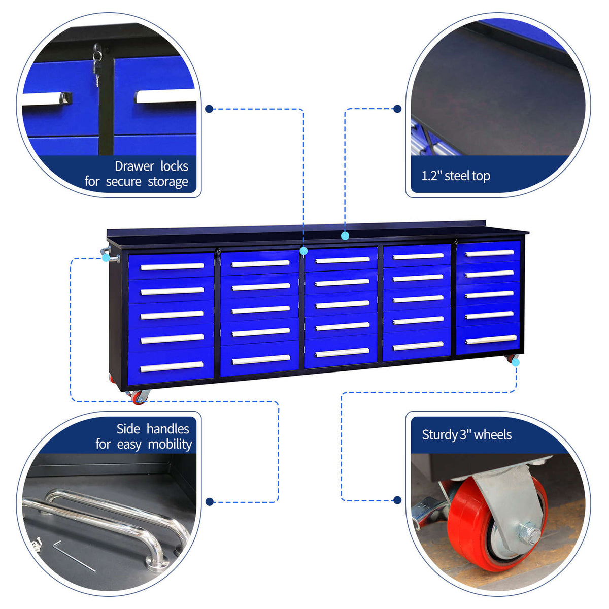 10ft 25-Drawer Storage Workbench with Wheels