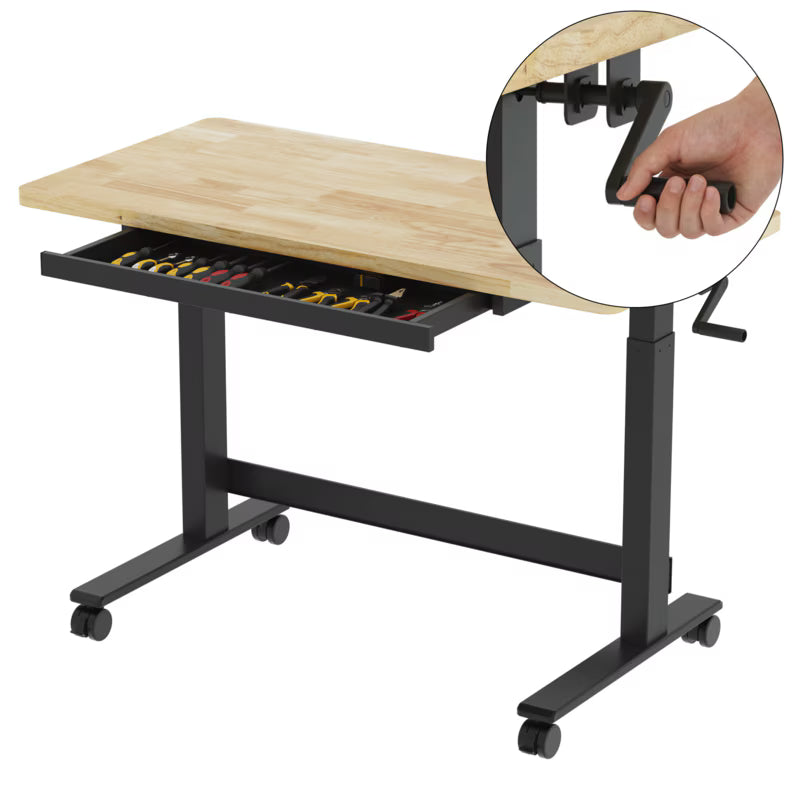 Fleximounts Adjustable Height Heavy-Duty Workbench with Hand Crank, Drawer,360° Wheels & Rubber Wood Top