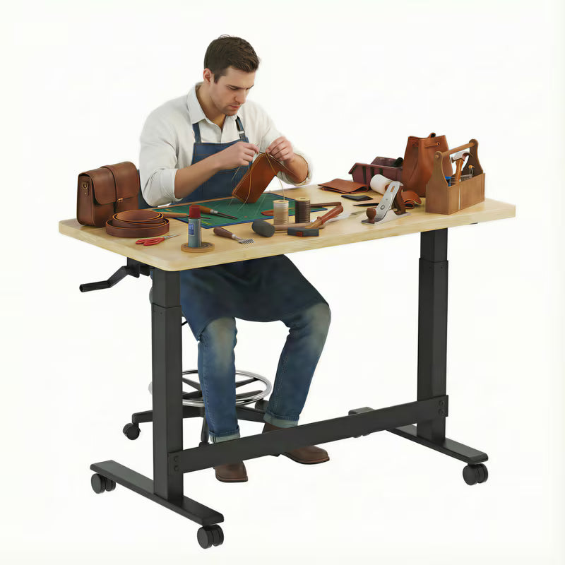 Fleximounts Adjustable Height Heavy-Duty Workbench with Hand Crank, Drawer,360° Wheels & Rubber Wood Top
