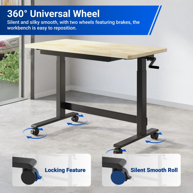 Fleximounts Adjustable Height Heavy-Duty Workbench with Hand Crank, Drawer,360° Wheels & Rubber Wood Top