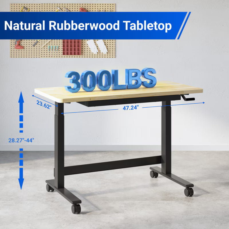 Fleximounts Adjustable Height Heavy-Duty Workbench with Hand Crank, Drawer,360° Wheels & Rubber Wood Top