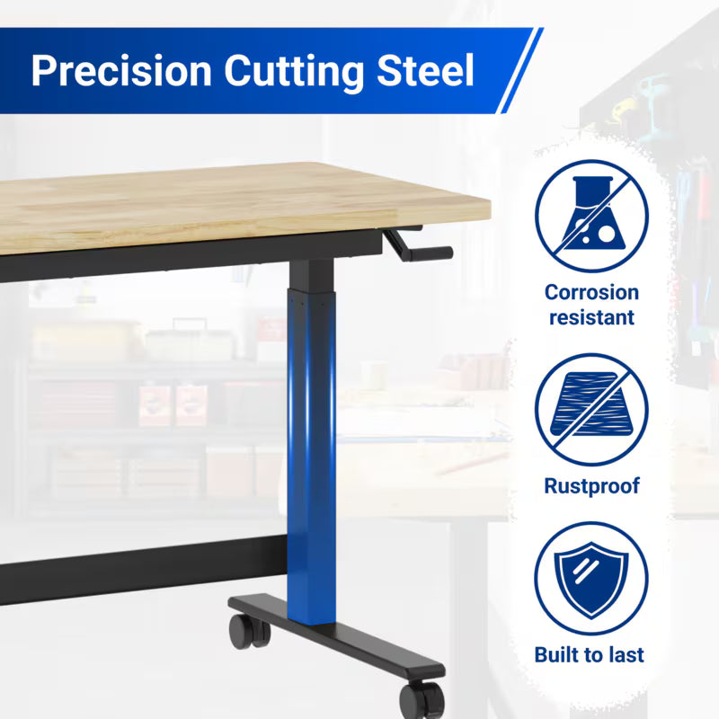Fleximounts Adjustable Height Heavy-Duty Workbench with Hand Crank, Drawer,360° Wheels & Rubber Wood Top