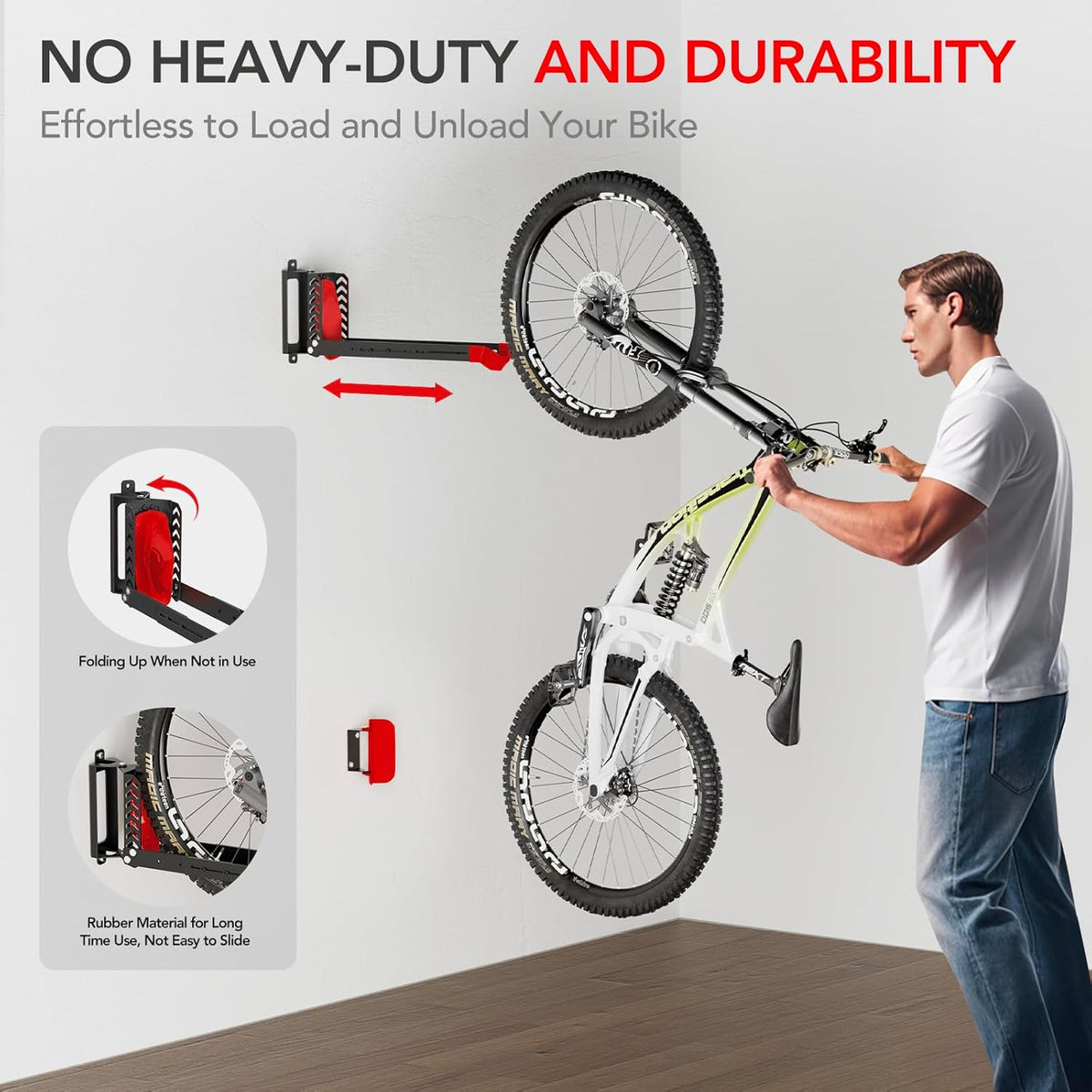 2-Pack Swivel Bike Rack Wall Mount, Bike Hangers for Garage, Space-Saving Vertical Bike Holder, Holds up to 77 lbs, Bicycle Wall Hanger Storage, No Heavy Lifting Required Indoor Hanging Bike Rack-Red