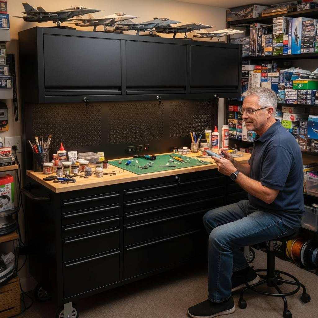 72 inch Rolling Tool Chest with Power Strip, Workbench, Upper Cabinets & Pegboard