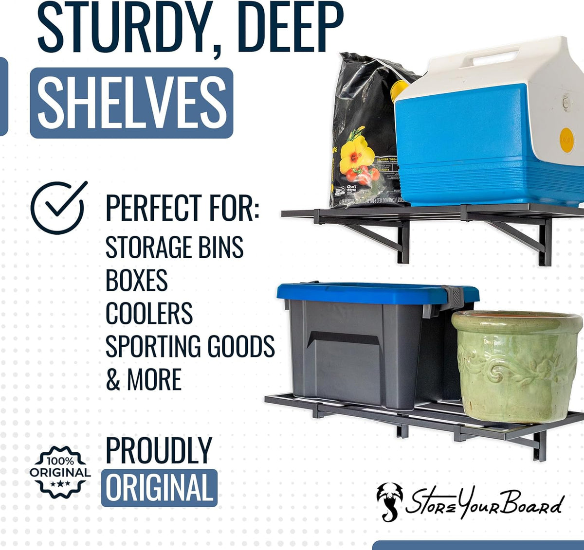 StoreYourBoard 2-Pack Heavy Duty Wall Shelves – Wall-Mounted Garage Storage Shelving and Organization for Sheds, Closets, or Utility Rooms – Holds 200 lbs, 1ft x 2ft, Black