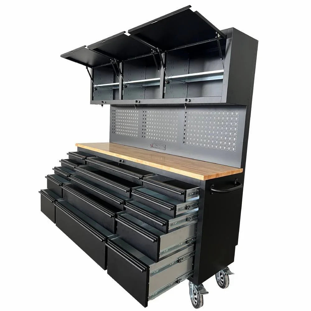 72 inch Rolling Tool Chest with Power Strip, Workbench, Upper Cabinets & Pegboard